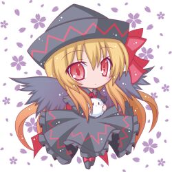  blonde_hair bow capelet chibi commentary_request dress female hat kedama_(touhou) komakoma_(magicaltale) lily_black lily_white long_hair photoshop_(medium) red_eyes solo touhou very_long_hair wings 