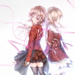  2girls black_thighhighs boots brown_hair coat commentary_request cross flower frills from_behind fur_trim guilty_crown hair_flower hair_ornament hairclip hand_on_own_chest highres jacket jewelry long_hair looking_at_viewer looking_back low_twintails multiple_girls necklace ouma_mana pink_eyes pink_hair plaid plaid_skirt ribbon skirt spoilers thigh_boots thighhighs twintails white_legwear wingheart winter_clothes yuzuriha_inori 