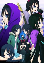  akiyama_mio alternate_costume alternate_hairstyle bad_id bad_pixiv_id bass_guitar black_eyes black_hair covering_own_mouth don&#039;t_say_&quot;lazy&quot; dress female fingerless_gloves gloves hat hirayama_(hirayamaniwa) hood hoodie instrument k-on! k-on!_movie listen!! long_hair mini_hat mini_top_hat multiple_persona music no_thank_you!_(k-on!) pantyhose photoshop_(medium) singing singing!_(k-on!) top_hat 