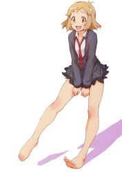  barefoot brown_hair cardigan commentary_request feet female full_body highres kyoudyu necktie open_mouth orange_eyes senki_zesshou_symphogear short_hair simple_background smile solo tachibana_hibiki_(symphogear) toes white_background 