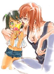  1boy androgynous anubituf_(simoun) black_hair brown_hair character_request commentary_request female food glasses green_eyes ice_cream jewelry licking necklace nishida_asako shorts simoun 