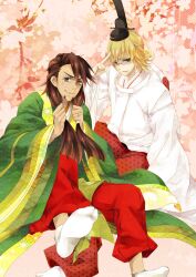  2boys alternate_hairstyle bad_id bad_pixiv_id barnaby_brooks_jr. blonde_hair brown_eyes brown_hair facial_hair feet foot_focus glasses green_eyes haori hat heian japanese_clothes kaburagi_t._kotetsu kainesato kimono long_hair male_focus multiple_boys stubble tabi tate_eboshi tiger_&amp;_bunny 