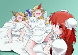  3girls angeldust bandages blonde_hair bloomers blush bun_cover commentary_request double_bun futon hair_bun horns hoshiguma_yuugi ibaraki_kasen ibuki_suika lying multiple_girls on_back pillow profile red_eyes red_hair simple_background single_horn sleeping smile snoring touhou under_covers underwear 