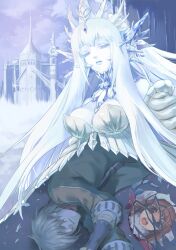  1000marie 1boy 2girls breasts castle colored_skin commentary_request crown gerda_(the_snow_queen) ice kai_(the_snow_queen) large_breasts mirror multiple_girls photoshop_(medium) sleeping snowing tears the_snow_queen the_snow_queen_(character) white_hair white_skin 