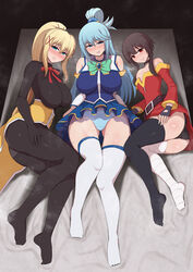  2022 3girls aqua_(konosuba) black_panties blonde_hair blue_eyes blue_hair blush bodysuit breast_size_difference breasts brown_hair clothed clothed_female darkness_(konosuba) feet female female_only hi_res hips huge_breasts kono_subarashii_sekai_ni_shukufuku_wo! long_hair long_legs looking_at_viewer lying_on_back lying_on_side megumin naughty_face no_shoes panties pantyshot ponpo red_eyes short_hair slim_waist small_breasts smile steam steaming_body thick_thighs thighhighs thighs white_panties wide_hips 