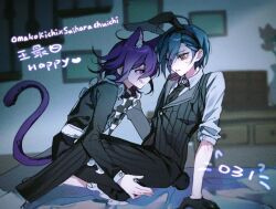  2boys alternate_costume animal_ear_hairband animal_ears apron bishounen black_dress black_gloves black_necktie blue_hair cat_boy cat_ears cat_tail character_name checkered_clothes collared_shirt commentary crossdressing danganronpa_(series) danganronpa_v3:_killing_harmony dated dress eyelashes fake_animal_ears flipped_hair frilled_apron frills from_side gloves hair_between_eyes hairband highres josou_seme licking_lips long_sleeves male_focus multiple_boys necktie oma_kokichi pants profile purple_eyes purple_hair rabbit_ear_hairband rabbit_ears saihara_shuichi shimamoto404 shirt tail tongue tongue_out yaoi yellow_eyes 