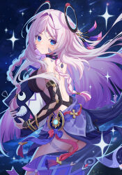  absurdres aichinaigai armpit_crease back bare_shoulders blue_eyes bracelet braid breasts citlali_(genshin_impact) comet commentary facial_mark female floating_headgear forehead_mark genshin_impact headgear highres hugging_doll hugging_object jewelry long_hair looking_at_viewer night night_sky pink_hair pink_pupils purple_nails ring_hair_ornament sideboob sky solo sparkle triangle triangle_facial_mark vision_(genshin_impact) 