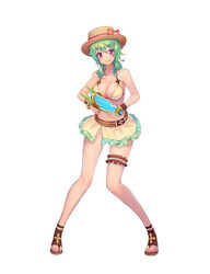  bare_shoulders bikini bikini_skirt bracelet breasts cleavage collarbone female frilled_skirt frills full_body green_eyes green_hair hat holding jewelry looking_at_viewer medium_breasts official_art red_eyes shoes short_hair skirt smile solo standing swimsuit tenshi_mikadokuni thigh_strap toeless_footwear tongue tongue_out water_gun white_background 