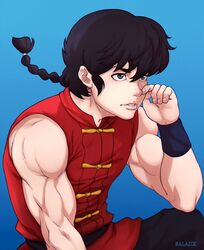  1boy artist_name black_eyes black_hair blue_background braid braided_ponytail chinese_clothes commentary_request looking_to_the_side male_focus muscular parted_lips ranma_1/2 salaiix saotome_ranma single_braid solo 