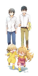  3boys :&gt; :d ^_^ ahoge amaama_to_inazuma belt black_hair blonde_hair boots closed_eyes commentary_request crossover father_and_daughter female glasses gradient_hair ha_(156222) highres holding_hands inuzuka_kouhei inuzuka_tsumugi lolicon long_hair multicolored_hair multiple_boys nakamura_yuuichi oerba_yun_fang open_mouth overalls poco_(udon_no_kuni) raincoat rubber_boots running shirt smile tawara_souta trait_connection udon_no_kuni_no_kin&#039;iro_kemari voice_actor_connection white_background yellow_raincoat 