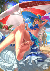  armpits awilda_(p&amp;d) barefoot beach beach_umbrella bikini blonde_hair blue_eyes chair commentary_request crossed_legs cup day feet female food fruit glasses hat hat_feather long_hair ocean outdoors puzzle_&amp;_dragons scotishfold skirt sky smile soles solo sun_hat swimsuit toes umbrella water watermelon 