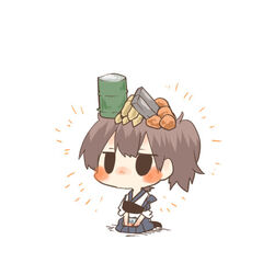  ammunition bauxite black_eyes blush brown_hair chibi drum_(container) female food kaga_(kancolle) kantai_collection lowres metal muneate object_on_head rebecca_(keinelove) short_hair side_ponytail simple_background sitting solo white_background 