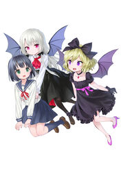  3girls :d ama-tou amano_akari ascot bat_wings black_dress black_hair black_legwear blonde_hair blue_legwear bow choker collarbone commentary_request dress elly_(tonari_no_kyuuketsuki-san) green_eyes hair_ornament hair_ribbon hairbow hairclip high_heels highres loafers long_hair long_sleeves multiple_girls no_socks oerba_yun_fang official_art open_mouth pink_footwear pleated_skirt purple_eyes red_eyes ribbon school_uniform serafuku shoes short_hair simple_background skirt smile sophie_twilight tonari_no_kyuuketsuki-san tress_ribbon white_background white_hair wings 