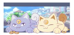  :3 ^_^ blue_sky building closed_eyes cloud cloudy_sky coin commentary day english_commentary feline highres kimarisgundam koonya_(baby_meowth) looking_at_viewer lying no_humans on_stomach pokemon pokemon_(creature) pokemon_gsc pokemon_gsc_(prototype) prototype_design sky sleeping sparkle speech_bubble white_cat zzz 