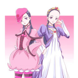  2girls black_hair brooch commentary_request cosplay dokidoki!_precure dress dual_persona futari_wa_precure_splash_star gradient_background h26r hand_on_own_hip happinesscharge_precure! hat heart heart_brooch hosshiwa hosshiwa_(cosplay) imai_yuka_(voice_actor) in-franchise_crossover jewelry kiryuu_kaoru long_hair marie_ange marie_ange_(cosplay) multiple_girls okamura_akemi pantyhose partial_commentary pink_background pink_hat pink_skirt precure purple_eyes shawl skirt striped_clothes striped_pantyhose tiara voice_actor_connection white_background white_dress 