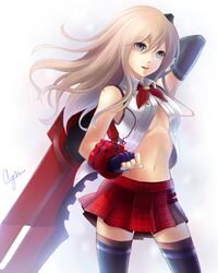  alisa_ilinichina_amiella asymmetrical_sleeves black_gloves black_sleeves black_thighhighs blue_eyes breasts cleavage commentary detached_sleeves dress_shirt female fingerless_gloves floating_hair gloves god_eater grey_hair hair_between_eyes highres holding holding_sword holding_weapon kiyo_(chaoschyan) long_hair medium_breasts midriff miniskirt navel open_clothes open_mouth open_shirt pleated_skirt red_skirt shirt signature single_sleeve skirt sleeveless sleeveless_shirt solo standing stomach suspenders sword thigh_strap thighhighs uneven_sleeves weapon white_background white_shirt zettai_ryouiki 