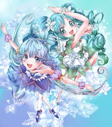  2girls alternate_form ballerina blue_background blue_eyes blue_hair blue_skirt bow brooch commentary_request crossed_legs cure_marine cure_princess cure_princess_(macadamia_hula_dance) cure_princess_(sherbet_ballet) dress earrings flower frills full_body green_skirt hair_bun hair_flower hair_ornament happinesscharge_precure! heart heart_brooch heart_hair_bun heartcatch_precure! jewelry kurumi_erika long_hair magical_girl mirrrrr multiple_girls pantyhose precure shirayuki_hime shoes single_hair_bun skirt smile strapless strapless_dress twintails white_legwear wing_brooch wrist_cuffs 