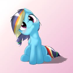  1:1 2015 alternate_color behind-space blue_body blue_feathers blue_fur blush equid equine feathered_wings feathers female feral friendship_is_magic fur hasbro looking_at_viewer mammal my_little_pony mythological_creature mythological_equine mythology nude pegasus purple_background rainbow_dash_(mlp) simple_background sitting solo wings 