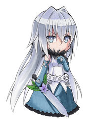  :&lt; absurdres blue_eyes bow chibi commentary cototiworld elbow_gloves engi_threepiece female flower fur_trim gloves grey_hair highres marker_(medium) photoshop_(medium) simple_background solo sword symbol-shaped_pupils traditional_media weapon yumekui_merry 