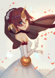  black_veil blue_eyes breasts bug butterfly commentary_request cowboy_shot dress elbow_gloves fate/apocrypha fate/grand_order fate_(series) female flower frankenstein&#039;s_monster_(fate) from_side gloves hair_over_one_eye heterochromia highres horns looking_at_viewer mechanical_horns ocarino open_mouth petals photoshop_(medium) purple_eyes rose short_hair single_horn small_breasts solo veil white_background white_dress white_flower white_rose yellow_eyes 