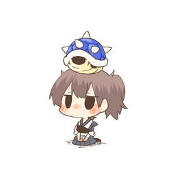  black_eyes blue_shell_(mario) blush brown_hair chibi female kaga_(kancolle) kantai_collection lowres mario_(series) mario_kart mario_kart_64 muneate object_on_head rebecca_(keinelove) seiza shell short_hair side_ponytail sitting solid_circle_eyes solo spikes 