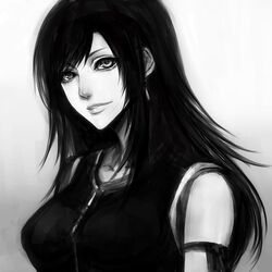  earrings female female final_fantasy final_fantasy_vii jewelry long_hair looking_at_viewer monochrome sasaki_ryou smile solo tifa_lockhart 