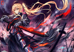  armor armored_dress artoria_pendragon_(fate) bingyuheizhiyan blonde_hair commentary_request dress excalibur_morgan_(fate) fate/stay_night fate_(series) female long_hair saber_alter side_ponytail solo sword very_long_hair weapon yellow_eyes 