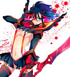  akibotann black_gloves black_hair black_panties blood blood_on_face blood_splatter breasts commentary_request elbow_gloves female garter_straps gloves hairpods kill_la_kill matoi_ryuuko medium_breasts miniskirt multicolored_hair navel panties red_hair revealing_clothes scissor_blade_(kill_la_kill) senketsu showgirl_skirt skirt suspenders symbol-shaped_pupils thighhighs two-tone_hair underboob underwear 