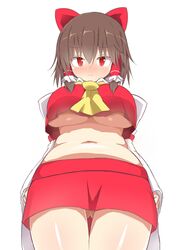  akabeco ascot ass_visible_through_thighs belly blush bow breasts brown_hair commentary_request cookie_(touhou) detached_sleeves fat_rolls female hair_tubes hairbow hakurei_reimu highres large_breasts looking_at_viewer midriff navel no_bra plump red_bow red_eyes reu_(cookie) sidelocks simple_background solo thigh_gap touhou underboob white_background 