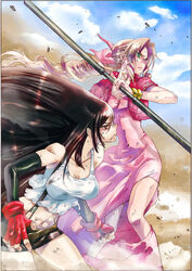  2girls aerith_gainsborough black_hair breasts brown_hair drill_hair elbow_gloves final_fantasy final_fantasy_vii fingerless_gloves frown gloves green_eyes hair_ribbon legs long_hair multiple_girls outdoors red_eyes ribbon standing suspenders tifa_lockhart torimeiro torn_clothes very_long_hair weapon 