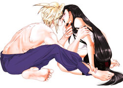  1boy barefoot blonde_hair brown_hair chibigou closed_eyes cloud_strife couple female final_fantasy final_fantasy_vii full_body highres imminent_kiss long_hair low-tied_long_hair photoshop_(medium) straight tifa_lockhart very_long_hair white_background 