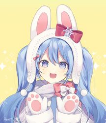  :d animal_ears animal_hat bangs beanie blue_eyes blue_hair blush bow bunny_ears bunny_hat commentary english_commentary eyebrows_visible_through_hair female hair_between_eyes hands_up hat hatsune_miku head_tilt jacket long_hair long_sleeves mittens open_mouth red_bow round_teeth silltare smile snowflakes solo sparkle teeth twintails twitter_username upper_body upper_teeth vocaloid white_hat white_jacket white_mittens yellow_background yuki_miku 