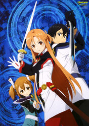  1boy 2girls absurdres ajiki_kei asuna_(sao) augma black_eyes black_gloves black_hair brown_eyes brown_hair dagger executor_(sao) gloves hair_ornament highres holding holding_dagger holding_knife holding_sword holding_weapon husband_and_wife kirito knife long_hair looking_at_viewer multiple_girls newtype official_art preceder_(sao) rapier sheath short_hair silica sword sword_art_online sword_art_online_the_movie:_ordinal_scale twintails unsheathed weapon white_gloves 