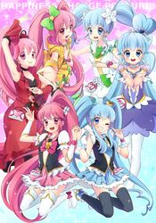  6+girls aino_megumi alternate_form arm_up armpits black_thighhighs blue_background blue_bow blue_eyes blue_hair blue_skirt boots bow bowtie brooch commentary_request copyright_name costume_chart crown crown_bow cure_lovely cure_lovely_(cherry_flamenco) cure_lovely_(lollipop_hip_hop) cure_princess cure_princess_(macadamia_hula_dance) cure_princess_(sherbet_ballet) detached_sleeves dress flower gold_crown hair_bun hair_flower hair_ornament hairbow happinesscharge_precure! heart heart_brooch heart_hair_bun heart_hair_ornament high_ponytail holding_hands interlocked_fingers jewelry kneeling kuune_rin long_hair magical_girl mini_crown multiple_girls multiple_persona necktie outstretched_hand pink_background pink_bow pink_eyes pink_hair pink_skirt pointed_crown ponytail precure red_dress red_flower red_rose red_sleeves red_wrist_cuffs rose shirayuki_hime shoes sidelocks single_hair_bun skirt smile thigh_boots thighhighs twintails white_legwear wide_ponytail wing_brooch wrist_cuffs yellow_skirt zettai_ryouiki 