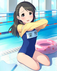  :d artist_request black_eyes black_hair blush covered_navel drain_(object) female idolmaster idolmaster_cinderella_girls indoors innertube jpeg_artifacts kickboard kurihara_nene lane_line long_hair looking_at_viewer name_tag official_art one-piece_swimsuit open_mouth pool poolside reflection school_swimsuit shirt sitting smile solo swim_ring swimsuit swimsuit_under_clothes t-shirt undressing water window 