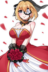  bad_id bad_pixiv_id bare_shoulders blonde_hair blue_eyes bouquet bow breasts choker cross cross_necklace dress eyepatch female flower flower_eyepatch hairbow highres jewelry large_breasts looking_at_viewer necklace petals prince_of_wales_(warship_girls_r) red_dress red_flower red_rose rose short_hair smile solo strapless strapless_dress v_arms veil wan_nian_da_zha_de_r warship_girls_r wedding_dress 