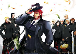  6+boys bad_id bad_pixiv_id beard coin eumenes_(fate) facial_hair fate/zero fate_(series) formal hat highres ionioi_hetairoi_(fate) iskandar_(fate) jeran_(ggokd) mafia money multiple_boys photoshop_(medium) ptolemy_(fate) red_eyes red_hair suit 