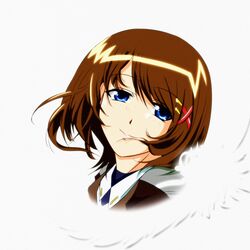  blue_eyes brown_hair closed_mouth commentary_request female hair_ornament hair_ribbon head_tilt highres lyrical_nanoha mahou_shoujo_lyrical_nanoha mahou_shoujo_lyrical_nanoha_strikers military military_uniform portrait ribbon short_hair smile solo tappa_(esperanza) tsab_ground_military_uniform uniform white_background x_hair_ornament yagami_hayate 