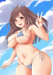  ako_suke arm_up armpits bad_id bad_twitter_id bikini blue_bikini blue_bow blue_sky blush bow breasts brown_eyes brown_hair cloud cloudy_sky commentary_request cowboy_shot curvy day dutch_angle female groin hairbow highres idolmaster idolmaster_shiny_colors large_breasts long_hair looking_at_viewer micro_bikini navel open_mouth outdoors parted_bangs ponytail side-tie_bikini_bottom skindentation sky smile solo stomach sunlight swimsuit teeth tsukioka_kogane v wide_hips wide_ponytail 