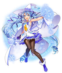  armpits ascot blue_eyes blue_hair brown_pantyhose cape commentary_request female gloves hair_ribbon hat hatsune_miku highres long_hair magic_circle mahou_shoujo_taisen mahou_shoujo_taisen_contest_1 murakami_yuichi official_art open_mouth pantyhose purple_gloves ribbon shirt skirt sleeveless sleeveless_shirt smile solo suki!_yuki!_maji_magic_(vocaloid) twintails very_long_hair vocaloid witch_hat yuki_miku yuki_miku_(2014) 