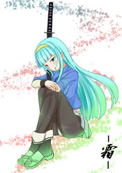  aqua_hair black_leggings blush commentary_request crossed_ankles female full_body green_eyes hairband hugging_own_legs jacket katana komomo_(picturecollapse) leggings long_hair sandals sheath sheathed shimo_(yatagarasu) sitting skirt sleeves_pushed_up solo sword toeless_legwear track_jacket weapon wristband yatagarasu_(game) 