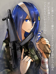  alpaca_hair_ornament bandage_on_face bandaged_arm bandages bandou_marimo blood blood_on_bandages blue_eyes blue_hair camouflage check_translation commentary_request eyes_visible_through_hair female gun h&amp;k_mp5 heckler_&amp;_koch highres holding holding_clothes holding_panties holding_underwear long_hair looking_at_viewer military military_uniform muzzle_device nishiide_kengorou panties striped_clothes striped_panties submachine_gun teekyuu translation_request trigger_discipline underwear uniform weapon 