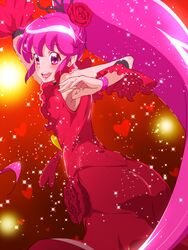  aino_megumi alternate_form commentary_request cure_lovely cure_lovely_(cherry_flamenco) dancing detached_sleeves dress female flower hair_flower hair_ornament happinesscharge_precure! heart high_ponytail long_hair magical_girl pink_eyes pink_hair ponytail precure red_background red_dress red_flower red_rose red_sleeves red_theme red_wrist_cuffs rose solo tj-type1 wide_ponytail wrist_cuffs 