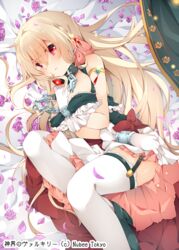  :o ahoge armlet bangs bare_shoulders bed_sheet between_breasts blonde_hair bow breasts chains collar copyright_name feet_out_of_frame flower frills from_above garter_straps gem glint gloves hair_between_eyes hand_between_breasts hand_on_hip helen_(shinkai_no_valkyrie) jewelry kazato_fuuchi long_hair looking_at_viewer lying official_art on_side parted_lips petals pink_eyes pink_flower pink_rose rose rose_petals shinkai_no_valkyrie shiny shiny_hair shiny_skin shoes skirt solo tareme thighhighs white_gloves white_legwear wrist_cuffs zettai_ryouiki 