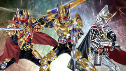  3boys absurdres armor black_cape cape commentary_request dual_wielding full_armor gold_armor highres holding holding_sword holding_weapon kamen_rider kamen_rider_blade kamen_rider_blade_(king_form) kamen_rider_blade_(series) kamen_rider_gaim kamen_rider_gaim_(kiwami_arms) kamen_rider_gaim_(series) kamen_rider_kiva kamen_rider_kiva_(emperor_form) kamen_rider_kiva_(series) king_rouzer kuzurx multicolored_eyes multiple_boys red_cape red_eyes sword tokusatsu visor weapon 