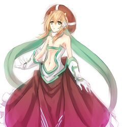  +_+ bare_shoulders blonde_hair breasts center_opening clione collaboration drawfag elbow_gloves female flower gloves green_hair hair_flower hair_ornament hat highres long_skirt monorus navel scarf skirt small_breasts solo white_gloves yumekui_merry 