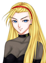  absurdres alternate_costume black_dress blonde_hair blue_eyes breasts choker cleavage commentary_request dorothy_catalonia dress earrings elbow_gloves female forked_eyebrows gem gloves gundam gundam_wing hairband highres jewelry ktovhinao long_hair portrait see-through smile solo 