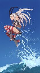  armpits ass bad_id bad_twitter_id blonde_hair day elbow_gloves female full_body gloves hairband highres jpeg_artifacts jumping kantai_collection long_hair miniskirt ocean open_mouth outdoors outstretched_arm school_uniform serafuku shimakaze_(kancolle) skirt sky solo striped_clothes striped_thighhighs thighhighs underwear water white_gloves youmak 