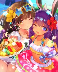  2girls ;3 ;d ahoge animal_ears bikini blurry brown_eyes brown_hair clothes_writing collarbone commentary_request depth_of_field deux_saint-co_pilica drinking_straw flower food fruit fu-mi.a heart heart-shaped_pupils hibiscus highres holding holding_plate horns innertube looking_at_viewer midriff multiple_girls navel noodles one_eye_closed open_mouth orange_(fruit) orange_slice plate purple_eyes purple_hair rabbit rabbit_ears ramen shaved_ice shirt single_horn smile sound_voltex star-shaped_eyewear star_(symbol) stomach swim_ring swimsuit symbol-shaped_pupils tank_top thick_eyebrows whistle yamashina_kanade 