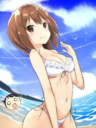  1boy alae beach bikini breasts brown_eyes brown_hair cloud commentary_request day female frilled_bikini frills highres medium_breasts ocean oshimoto_youta outdoors side-tie_bikini_bottom sky solid_circle_eyes solo_focus swimsuit takamiya_nasuno teekyuu translated underboob water white_bikini 